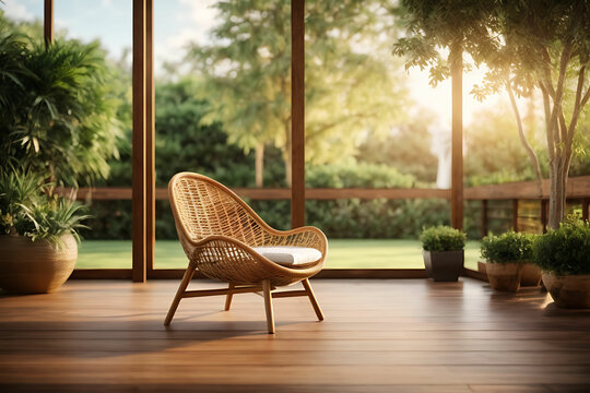 Wooden terrace with morning garden view 3d render, There are wooden floor,Decorate with rattan egg shaped chair,looking out over the large lawn