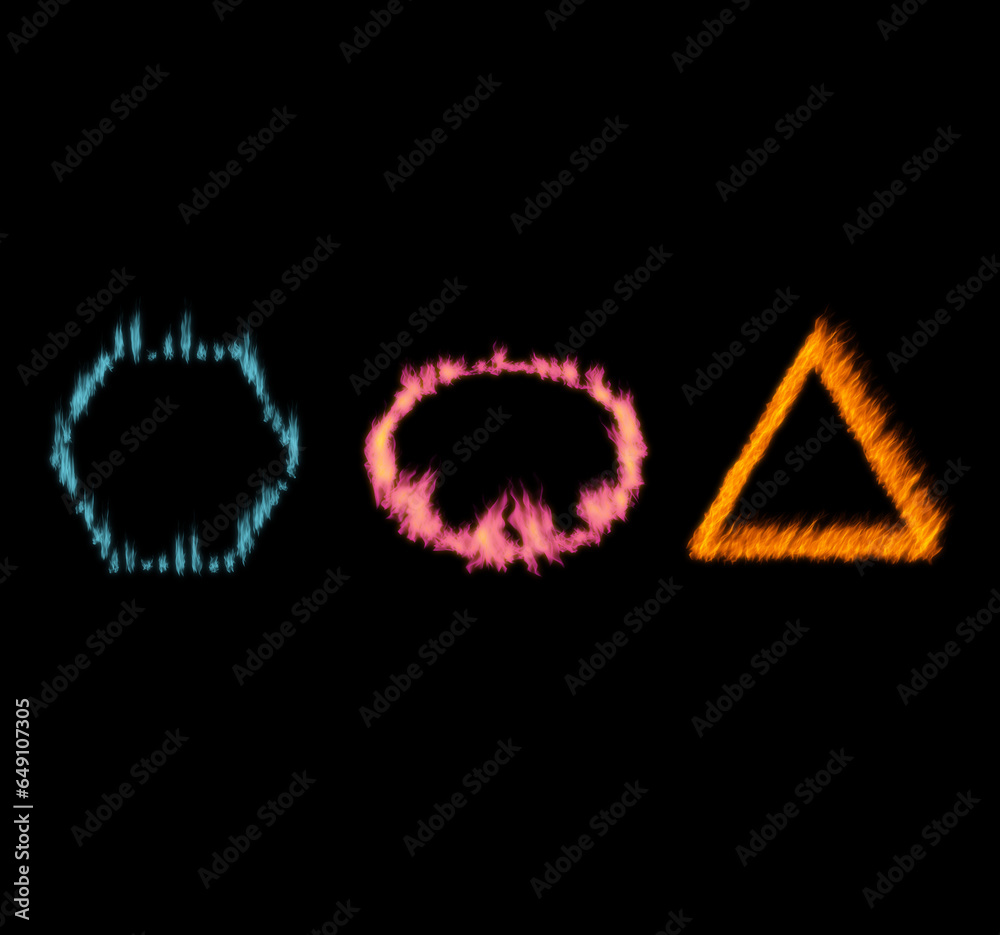Wall mural fire, heat and shape on black background with circle, triangle and hexagon for pattern texture. mock