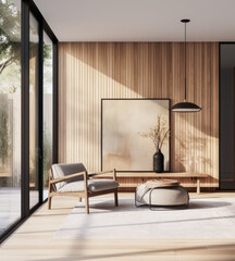 Luxury living room interior composition with a paneled wall, a sofa a window next to them.