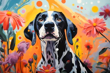 Zelfklevend Fotobehang A vibrant Pop Art depiction of a playful dog  © Systema