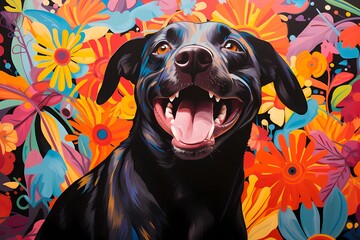 A vibrant Pop Art depiction of a playful dog 
