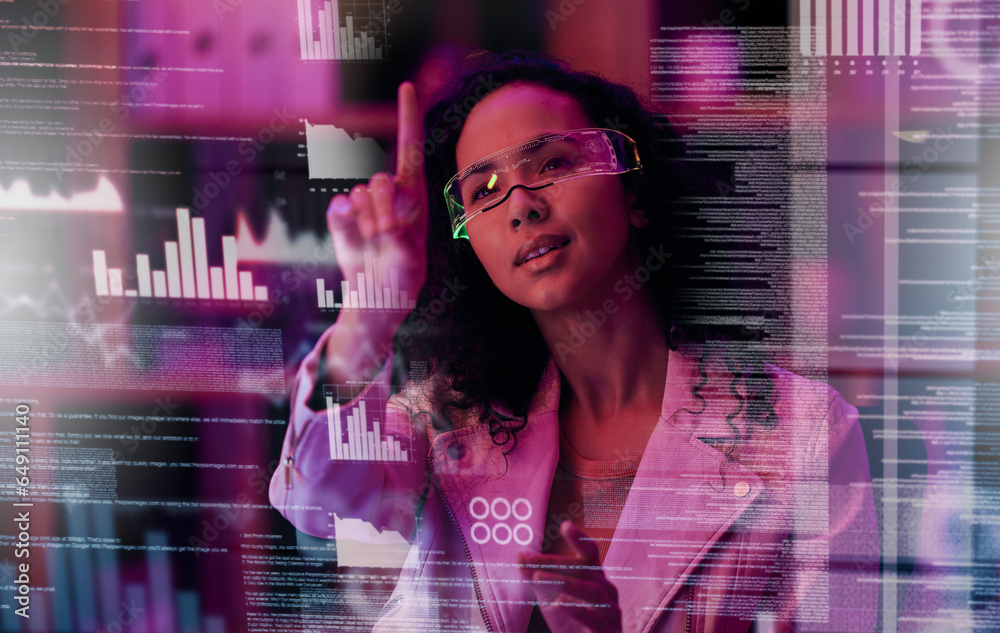 Poster Business woman, night and screen data analysis with VR, analytics and digital overlay for future technology. Analyst, graph and IT in 3D market research and statistics with code, press and hologram