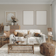 Contemporary interior design of the living room in soft neutral tones. Wall decor. Interior mockup, 3d render 