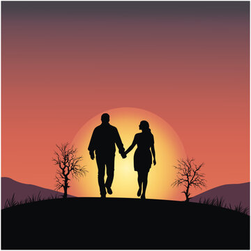 Couple holding hand walking at sunset, loving couple silhouette