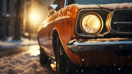 a car is in the snow in winter, in the style of light orange and dark brown - generative ai - obrazy, fototapety, plakaty