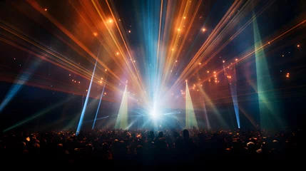 Fotobehang Enchanting background immersed in a spectacle of light. Picture a canvas where beams of light in varying intensities and hues intersect, creating a choreographed dance of luminescence. © Narut