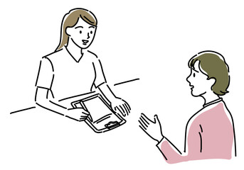 エステティシャンに相談する女性のシンプル線画