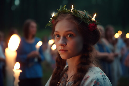 Saint John's Festival (Jonines, Saint John's Day, Ivana kupala) midsummer pagan folk festival illustration. Celebrated on June 24. Beautiful woman portrait. Generative AI