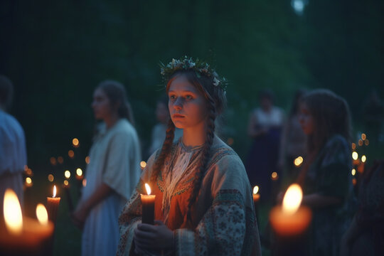 Saint John's Festival (Jonines, Saint John's Day, Ivana kupala) midsummer pagan folk festival illustration. Celebrated on June 24. Beautiful woman portrait. Generative AI