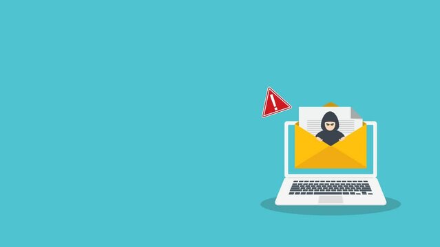 Email data phishing. Cyber thief hide inside email on a laptop computer. Virus, malware, email fraud, e-mail spam, phishing scam, hacker attack concept.