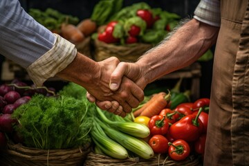 A close - up handshake between a poultry farmer and a local chef, with a colorful collection of freshly harvested vegetables as the farm's backdrop. - obrazy, fototapety, plakaty