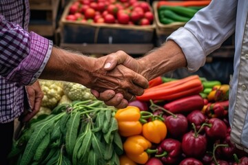A close - up handshake between a poultry farmer and a local chef, with a colorful collection of...