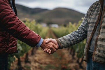 close-up handshake between two farmers in a sun-kissed  during fruit harvest