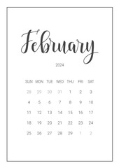 Vector Calendar Planner for February 2024. Handwritten lettering. Week Starts Sunday. Stationery Design for Printable. Objects Isolated on White Background.