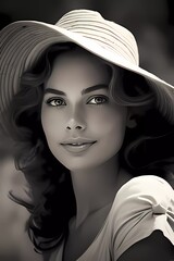 Candid image of a woman in a straw hat in black and white