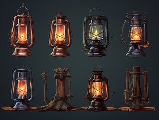 Fototapeta na wymiar set of beautiful kerosene and oil lamps 