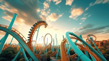 Roller coaster on the high with sky background. - obrazy, fototapety, plakaty
