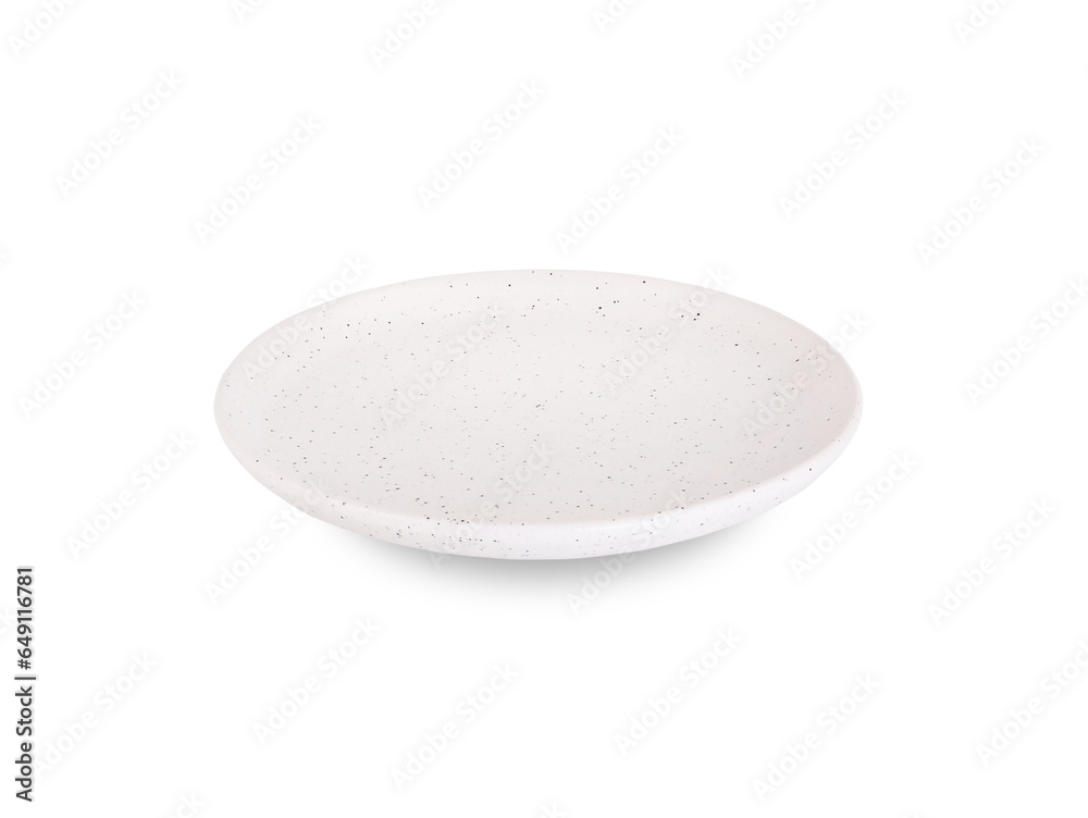 Wall mural front view, empty grey round ceramic plate with dotted isolated on a white background. use for home 