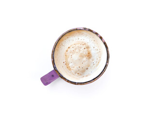 Top view, flat lay purple color coffee mug has cappuccino or latte with frothy foam isolated on a white background..