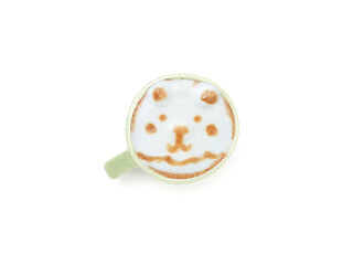 Hot latte coffee with art face bear shape in green ceramic mug isolated on whithe background. Top view, flat lay with space for your text.