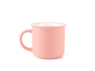 Empty pink color mug for coffee or tea isolated on white background. Use for home or restaurant, food design. Concept kitchen utensils and tableware..