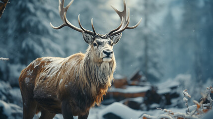 Reindeer in winter forest.