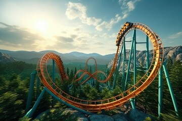 Roller coaster on the high with sky background. - obrazy, fototapety, plakaty