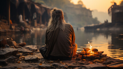 A wise man sitting in outdoor. - obrazy, fototapety, plakaty