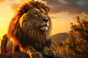 A proud lion watching over his pride at sunset - obrazy, fototapety, plakaty