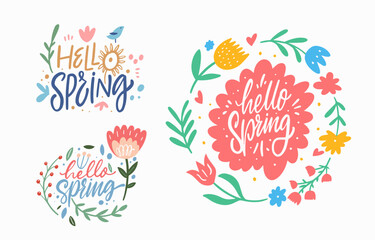 Hello Spring lettering phrases set.