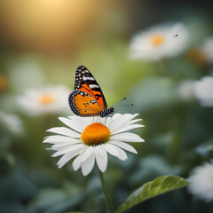 Fototapeta na wymiar Flowers With Butterflies, butterfly on a flower with a yellow background, The yellow orange butterfly is on the yellow flowers in the green grass fields, Beautiful butterfly on a daisy flower stock 