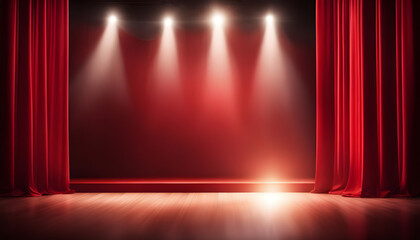 Stage curtains with spot light, Red theater curtain with spotlights Stage background, Bright red curtain with bright spotlight lighting, blank stage stock images - obrazy, fototapety, plakaty