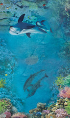 Fototapeta na wymiar Underwater world dolphins top view sea corals fish red sea blue