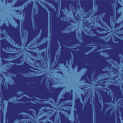 Seamless pattern with palm trees. Stylish summer background. Drawing by hand.Navy color body , juicy and fresh.