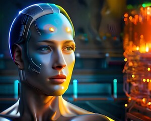 a woman half-robot or a humanoid with artificial intelligence parts or a technological upgrade as human evolution, mechanical body parts.