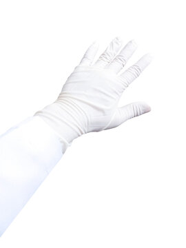 Doctor's hand wearing gloves, hand wearing gloves, sterile hand, doctor's hand about to perform surgery, Doctor's hand showing index finger, the background of the image is white
