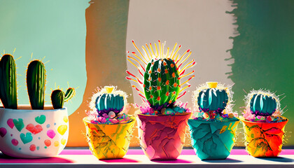 Varias macetas con diferentes tipos de cactus recibiendo la luz del sol a través de una ventana - obrazy, fototapety, plakaty