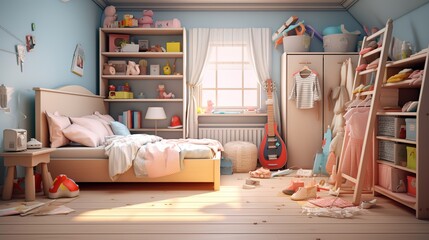 Girl's bedroom with unmade bed, open closet with clothes and scattered toys