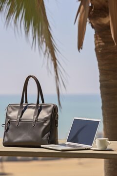 A laptop placed on a table accompanied by a bag and a cup of coffee, palm tree against the backdrop of a serene beach. The image perfectly captures the blend of leisure and remote work