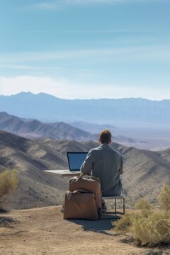 Businessman Seamlessly Blending Work And Adventure, Diligently Working On His Laptop From A Mountain Peak