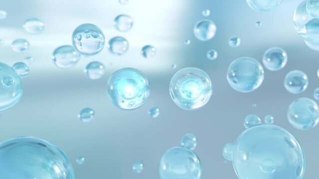 Cosmetics Many atoms float in the water. Particles inside a liquid bubble, cosmetic essence, and a liquid bubble on a water background. 3d animation