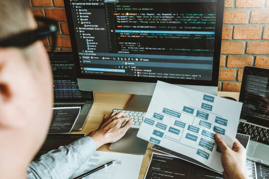 Developing programmer Development Website design and coding technologies working in software company office