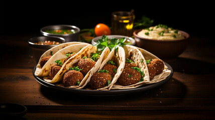 Large plate with falafel, sauce and salad on a dark background, restaurant concept - obrazy, fototapety, plakaty