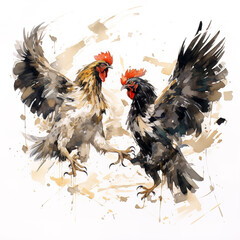 Watercolor painting of two bantams are hitting each other on white background. Wildlife Animals. Illustration, Generative AI.