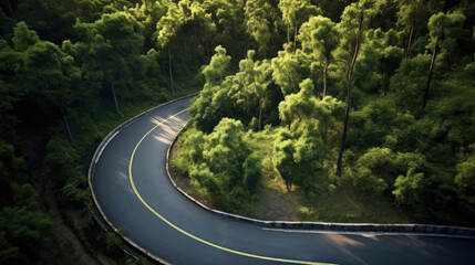 A curvy road in the middle of the forest. Top view. Generative Ai