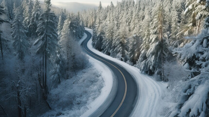 a Curvy windy road in snow covered forest. Top view. Generative Ai