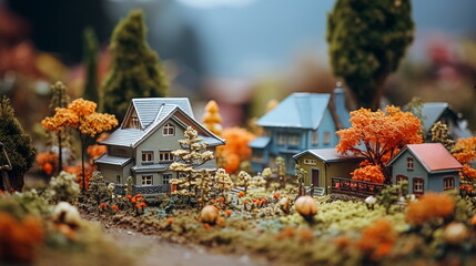 Miniature houses with pumpkins and flowers in the garden. Selective focus.