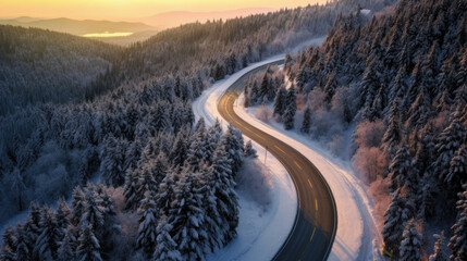Aerial view of Curvy windy road in snow covered forest. Generative Ai
