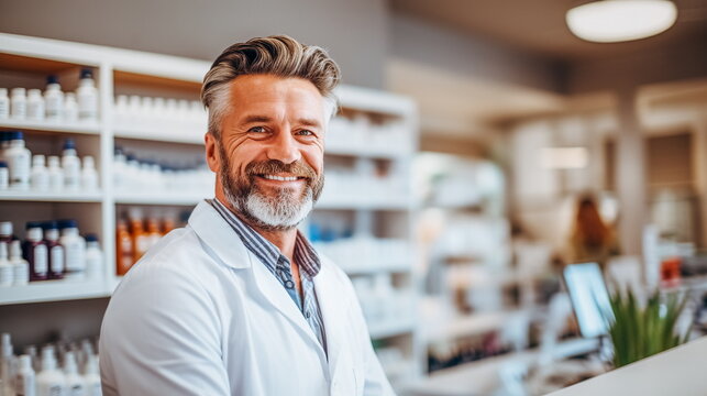 Portrait of smiling mature male pharmacist standing in drugstore.