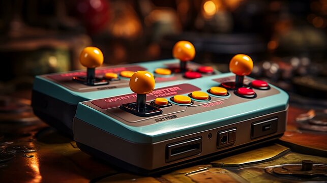 Old stylish vintage retro game console with video game joystick poster from 80s 90s